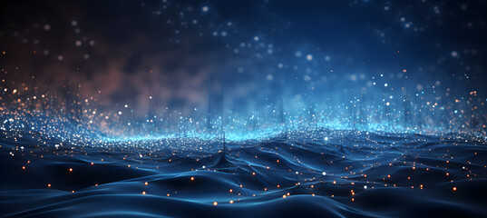 3D rendering of a dynamic wave, big data visualization with blue hexagon particles and lines on an abstract background,