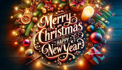 A festive "Merry Christmas" greeting card featuring a jolly snowman adorned with a holly garland, surrounded by shimmering snowflakes and Xmas balls.