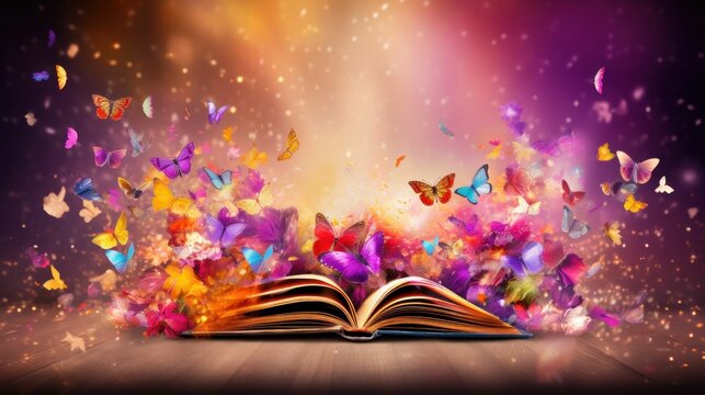 AI generated illustration of an open book with colorful butterflies emerging from its pages