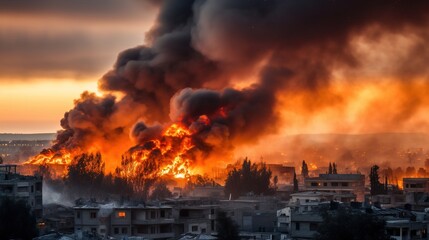 War's Aerial Assault Engulfs Urban Homes in Blazing Catastrophe