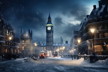 London, United Kingdom. Big Ben and Parliament Building during winter bilzzard storm, abstract...
