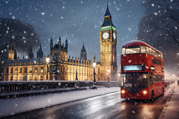 London, United Kingdom. Big Ben and Parliament Building during winter bilzzard storm, abstract...
