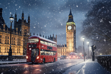 Fototapeta na wymiar London, United Kingdom. Big Ben and Parliament Building during winter bilzzard storm, abstract image.