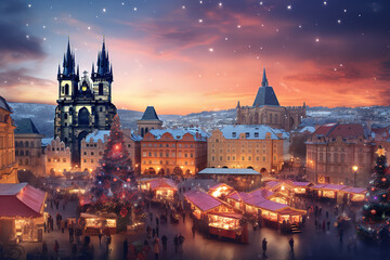 Prague, Czech Republic. Abstract image with Vanocni Trhy beautiful famous Christmas Market, charming travel destination of historical Bohemia.
