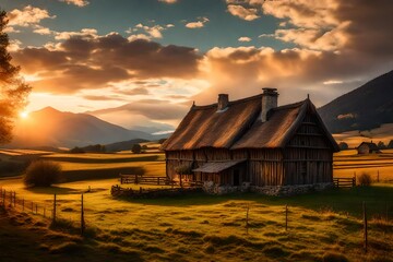Medieval farm house in sunset at rural country side with clouds and mountains