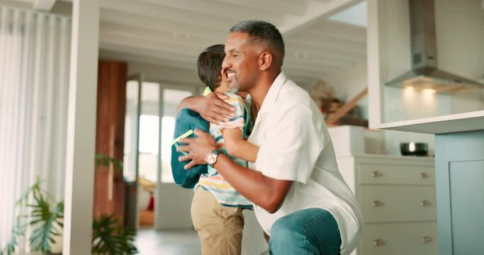 Backpack, father or child in home ready for first day of school for education, future or learning. Prepare, morning or dad hugging or dressing his boy or kid leaving the family house with love or bag - Powered by Adobe