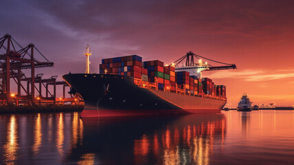 Fototapeta na wymiar Container ship at import-export dock with quay crane.generative ai