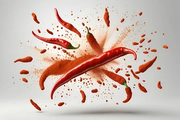 Zelfklevend Fotobehang Chili pepper powder splash, spicy burst © rutchakon