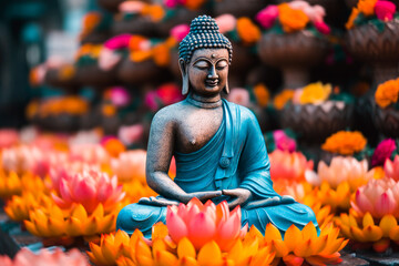 Statue of buddha with lots of colorful lotus flowers, bright colors - obrazy, fototapety, plakaty