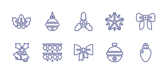 Christmas decoration line icon set. Editable stroke. Vector illustration. Containing ribbon, sleigh bell, christmas ornament, christmas lights, mistletoe, bells, star, bell.