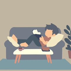 This illustration depicts a person lying on a couch reading a book