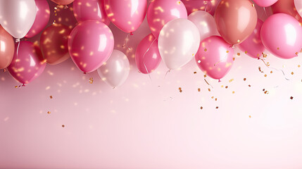birthday party balloons, Celebration background with pink confetti and golden and pink balloons. Banner - obrazy, fototapety, plakaty
