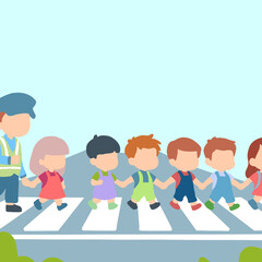 Children are holding hands and crossing the street with the help of a crossing guard. They are using a crosswalk and following safety rules.