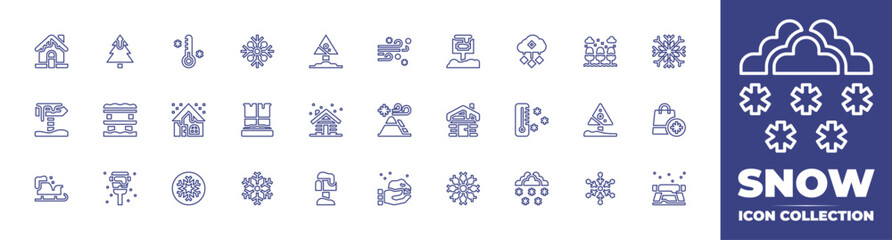 Snow line icon collection. Editable stroke. Vector illustration. Containing winter, hail, window, thermometer, snowflake, snowfall, low temperature, sign, house, cabin, avalanche, snowy, signboard.