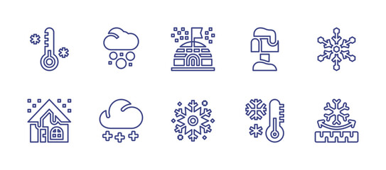 Snow line icon set. Editable stroke. Vector illustration. Containing igloo, snowflake, low temperature, house, snowfall, postbox, cold, fabric.