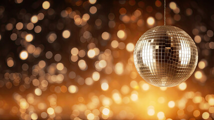 disco ball with lights, Glare and light reflection effect. Copy space.gold disco ball - obrazy, fototapety, plakaty