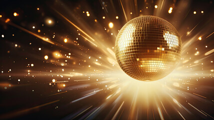 disco ball with lights, Glare and light reflection effect. Copy space.gold disco ball - Powered by Adobe