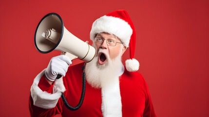 close up photo of Santa Claus expression carrying a megaphone on a red background