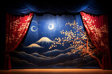 日本風の綺麗な絵が描かれた舞台の幕