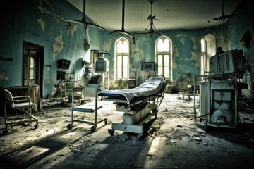 病院の廃墟に残る手術室跡 - obrazy, fototapety, plakaty