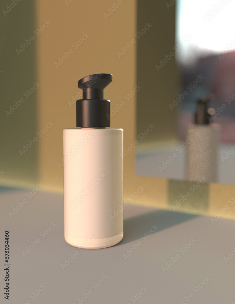Poster a cosmetics mock-up file through 3d rendering, simple yet tasteful and harmonious background for the