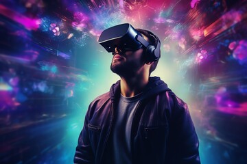 a man wears virtual reality headset in metaverse, future technology, digital native