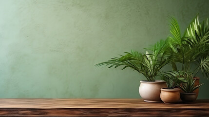 a minimalist green plants on a wooden table on a green background, copy space for text 