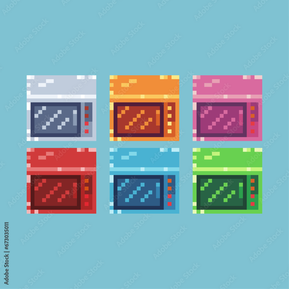 Poster pixel art sets of oven with variation color item asset. simple bits of oven pixelated style. 8bits p