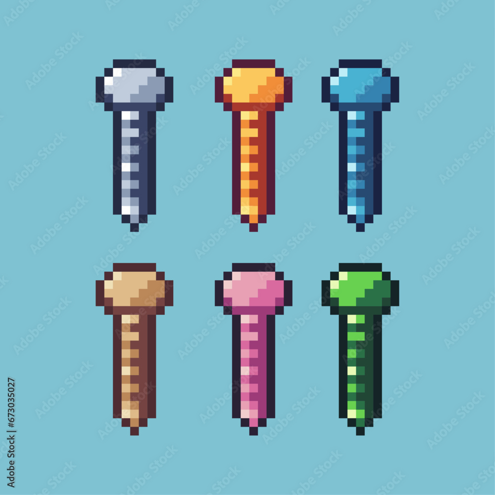 Poster pixel art sets of bolt with variation color item asset. simple bits of bolt pixelated style. 8bits p