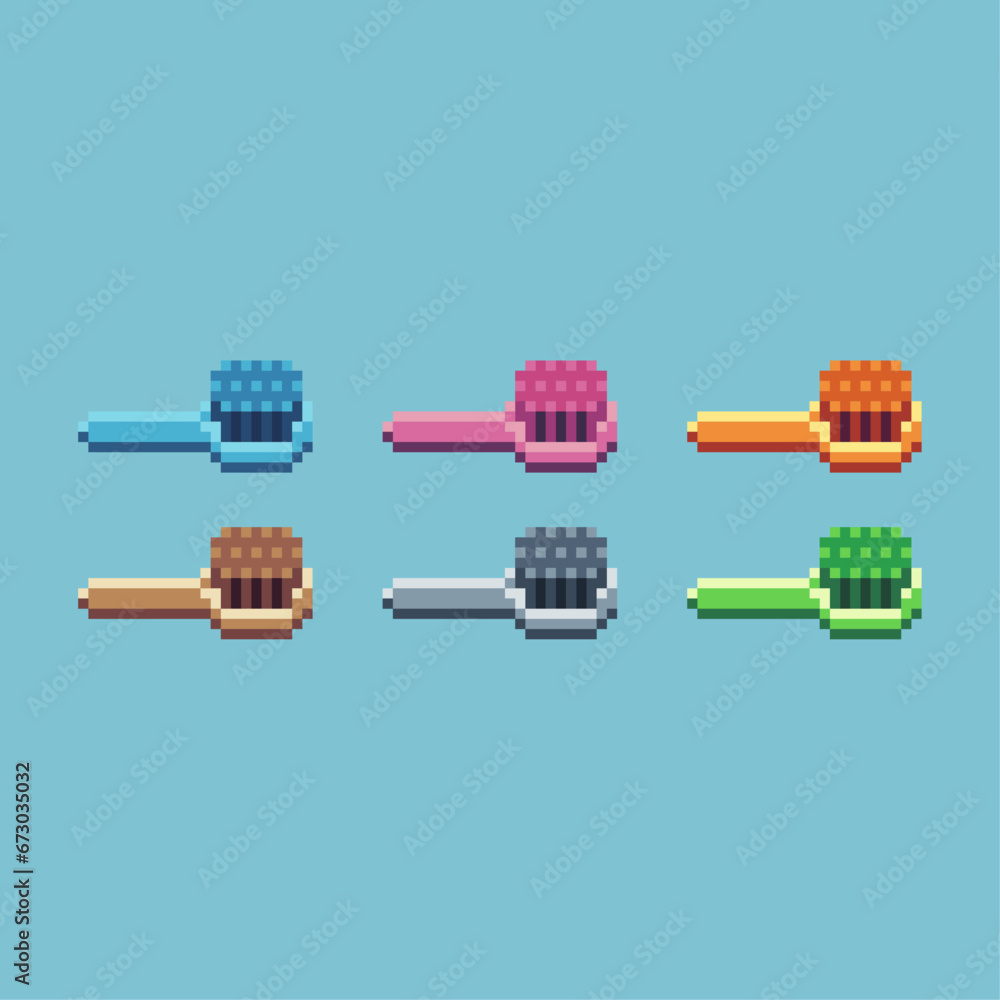 Poster pixel art sets of toothbrush with variation color item asset. simple bits of toothbrush pixelated st