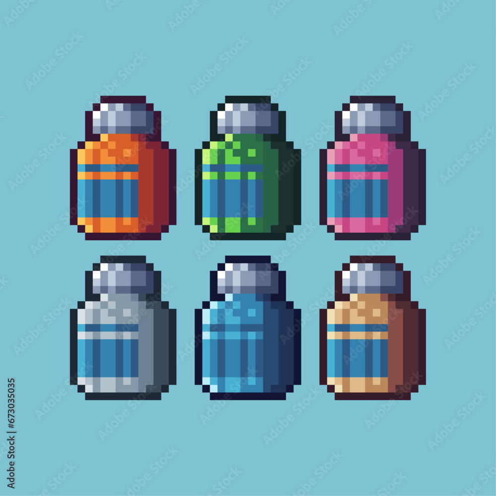 Poster pixel art sets of bottle with variation color item asset. simple bits of medicine bottle pixelated s