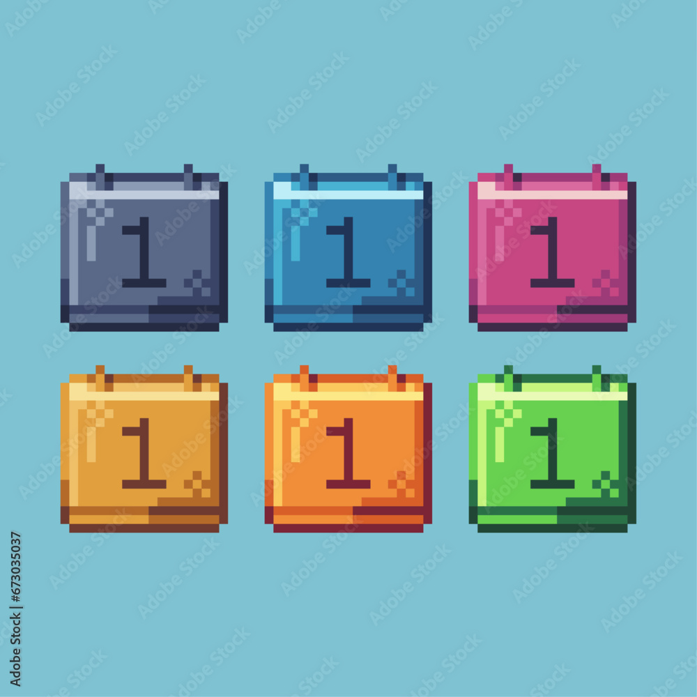 Poster pixel art sets of calendar with variation color item asset. simple bits of calendar pixelated style.