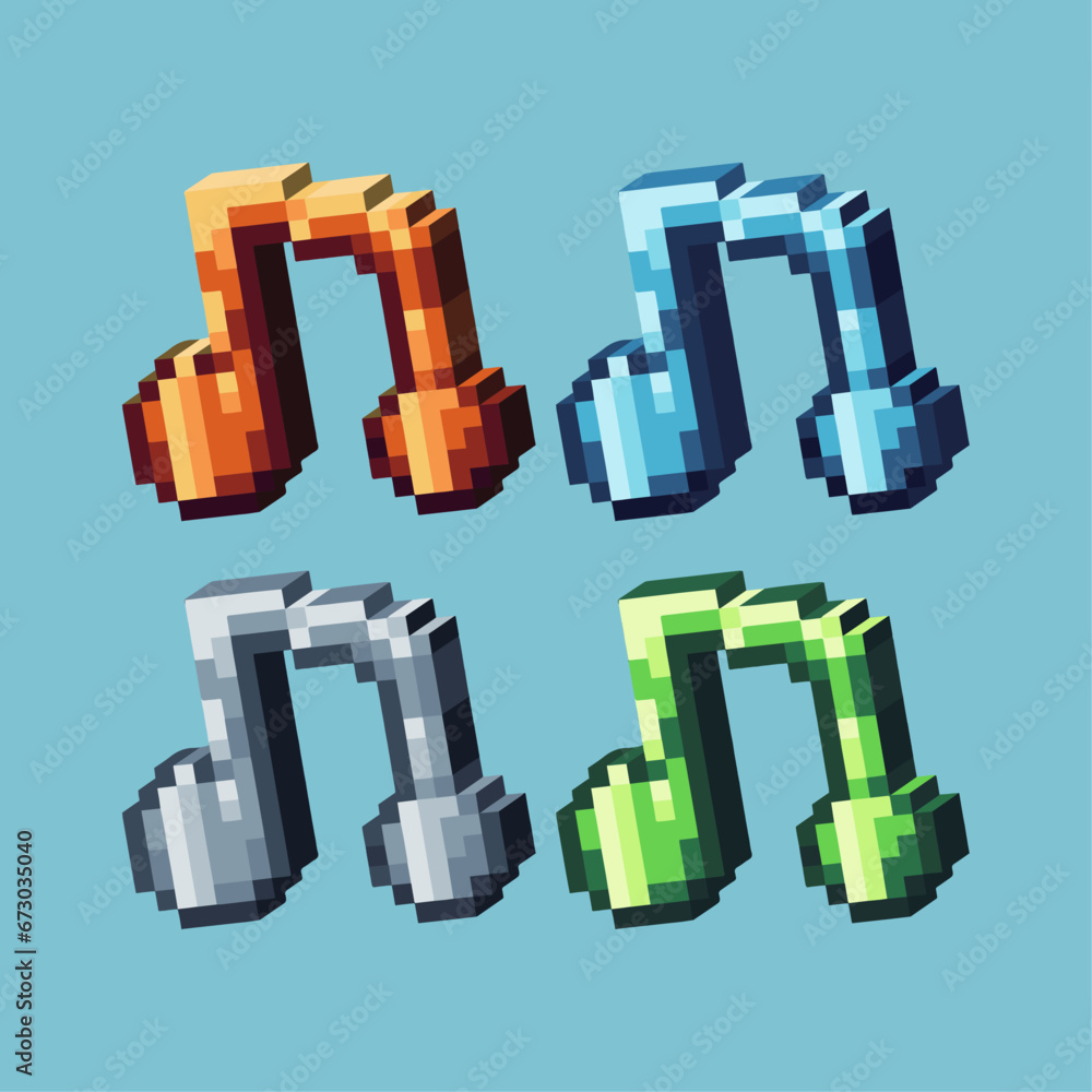 Poster isometric pixel art 3d of music icon for items asset. music icon on pixelated style.8bits perfect fo