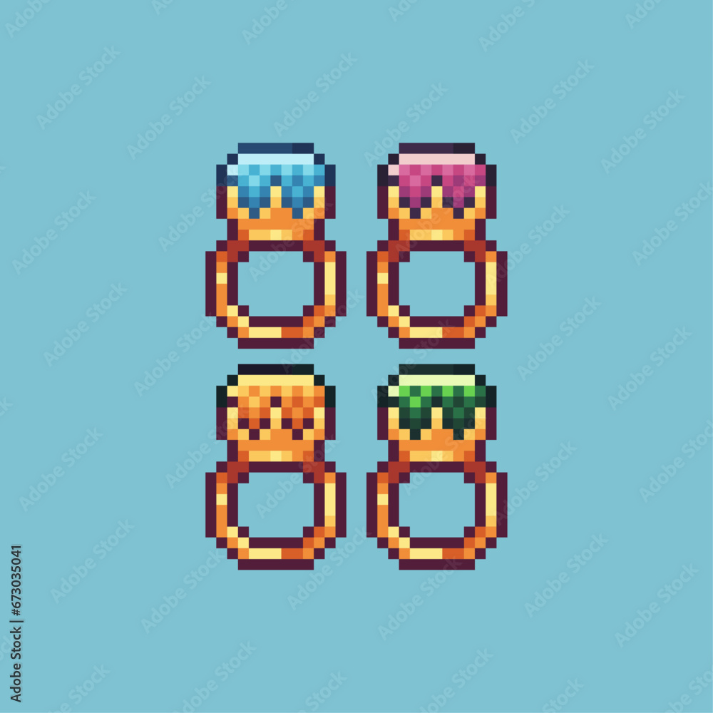 Poster pixel art sets of ring with variation color item asset. simple bits of ring accessory pixelated styl