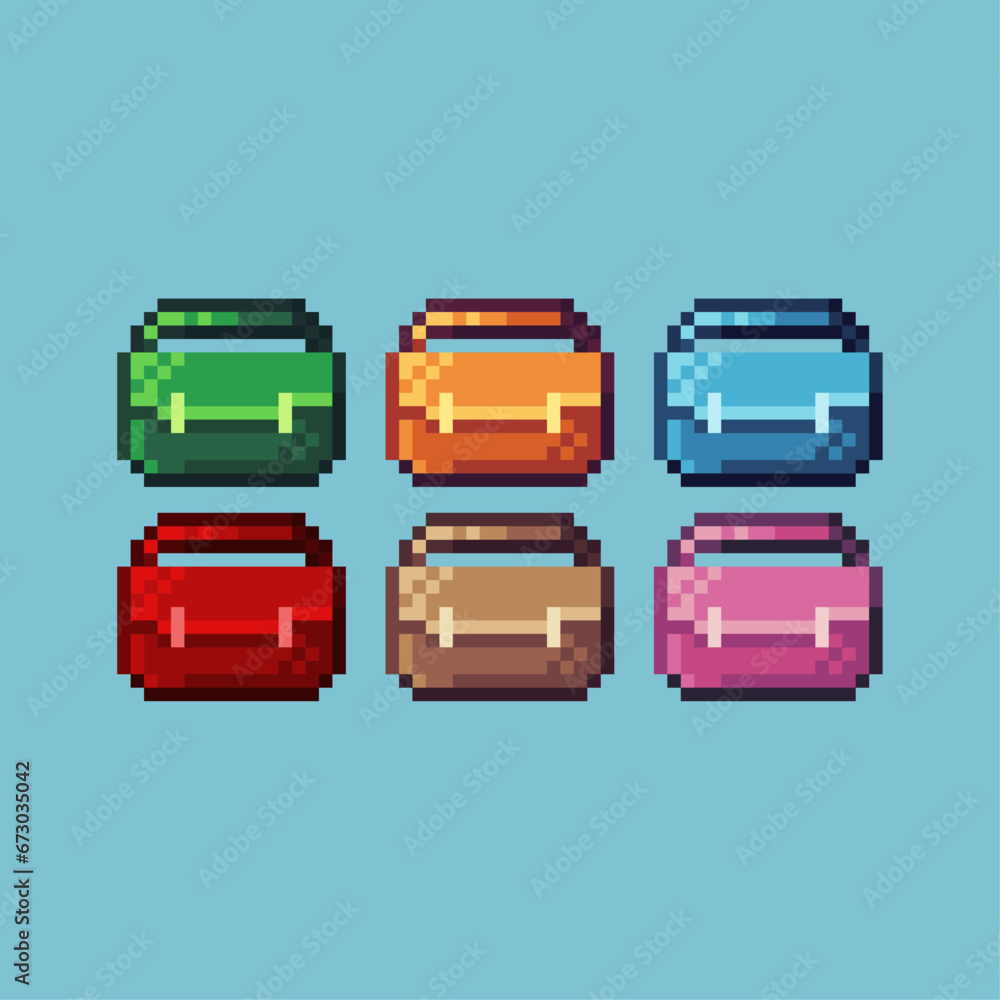 Poster pixel art sets of bag with variation color item asset. simple bits of bag pixelated style. 8bits per