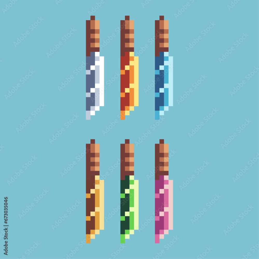 Poster pixel art sets of knife with variation color item asset. simple bits of knife pixelated style. 8bits