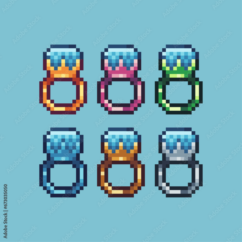 Poster pixel art sets of ring with variation color item asset. simple bits of ring accessory pixelated styl