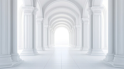 3d render of a corridor with columns, 
3d rendering white corridor pillars background 