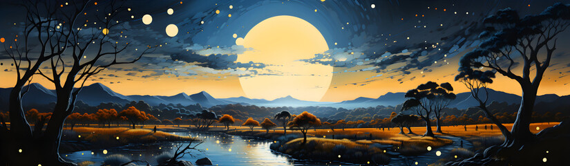 Big Moon Over Natural Landscape.  Illustration On The Theme Of Nature And Climate, Vegetation And Ecology. Generative AI