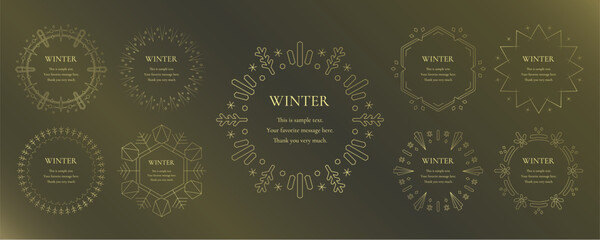 素材_フレームのセット_雪の結晶と光をモチーフにした冬の飾り枠。金色の高級感のある囲みのデザイン