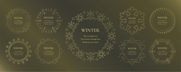 素材_フレームのセット_雪の結晶と光をモチーフにした冬の飾り枠。金色の高級感のある囲みのデザイン