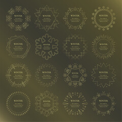 素材_フレームのセット_雪の結晶と光をモチーフにした冬の飾り枠。金色の高級感のある囲みのデザイン