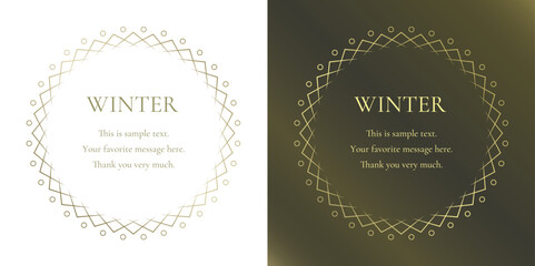 素材_フレームのセット_雪の結晶と光をモチーフにした冬の飾り枠。金色の高級感のある囲みのデザイン