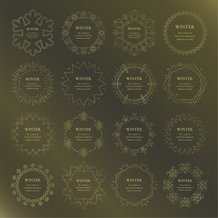 素材_フレームのセット_雪の結晶と光をモチーフにした冬の飾り枠。金色の高級感のある囲みのデザイン