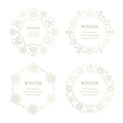 素材_フレームのセット_雪の結晶と光をモチーフにした冬の飾り枠。金色の高級感のある囲みのデザイン