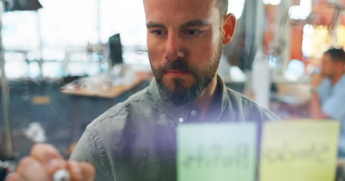 Planning, strategy and businessman writing ideas on a board for inspiration, agenda and creativity. Goal, research and employee with sticky note for brainstorming, analysis and reminder at work
