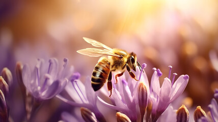 bee and beautiful purple flower spring summer season - obrazy, fototapety, plakaty