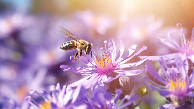 bee and beautiful purple flower spring summer season