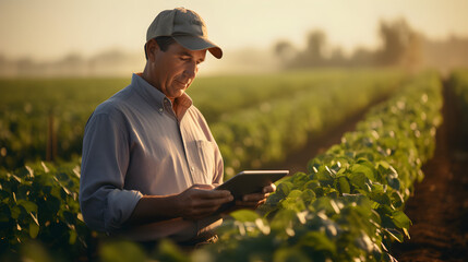 A confident male agronomist stands in a soybean field, using a digital tablet,