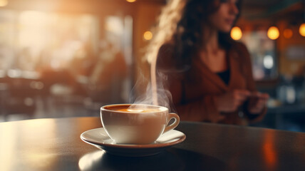 Fototapeta premium hot coffee cup on the table in blurred restaurant background.